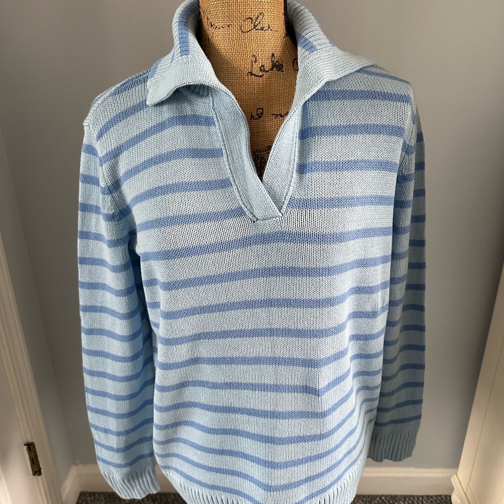 Talbots Men's V-Neck Sweater in Light Blue and White Stripes